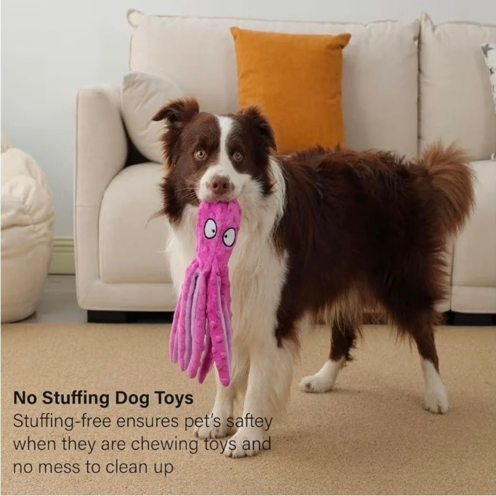 2 Pack Octopus Dog Toys No Stuffing Plush Blue Pink Durable Chew Toy